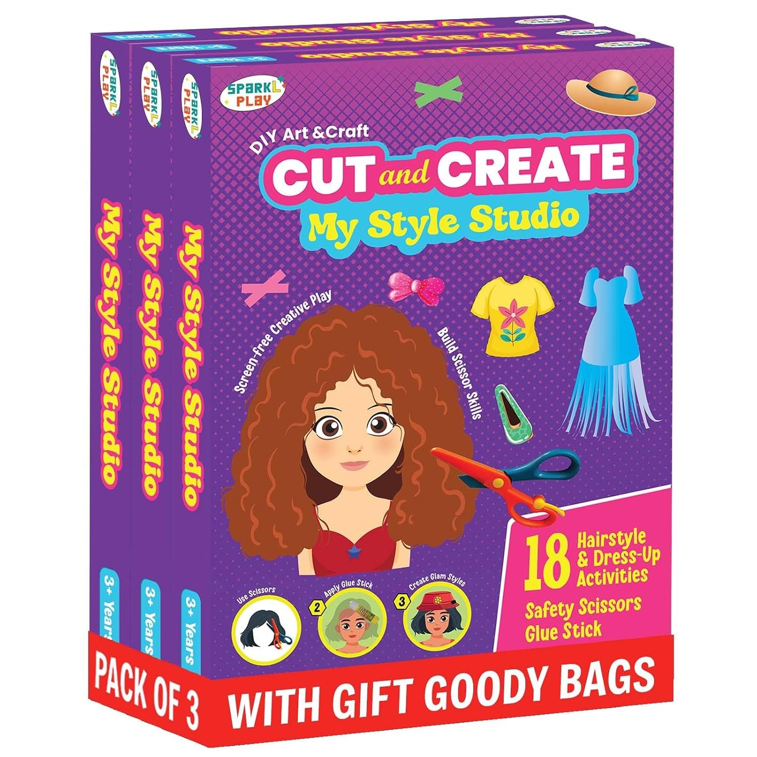 SparkLPlay Scissor Craft Kit for Girls. Hairstyle, Dress-Up. 18 Activities (Pack of 3)